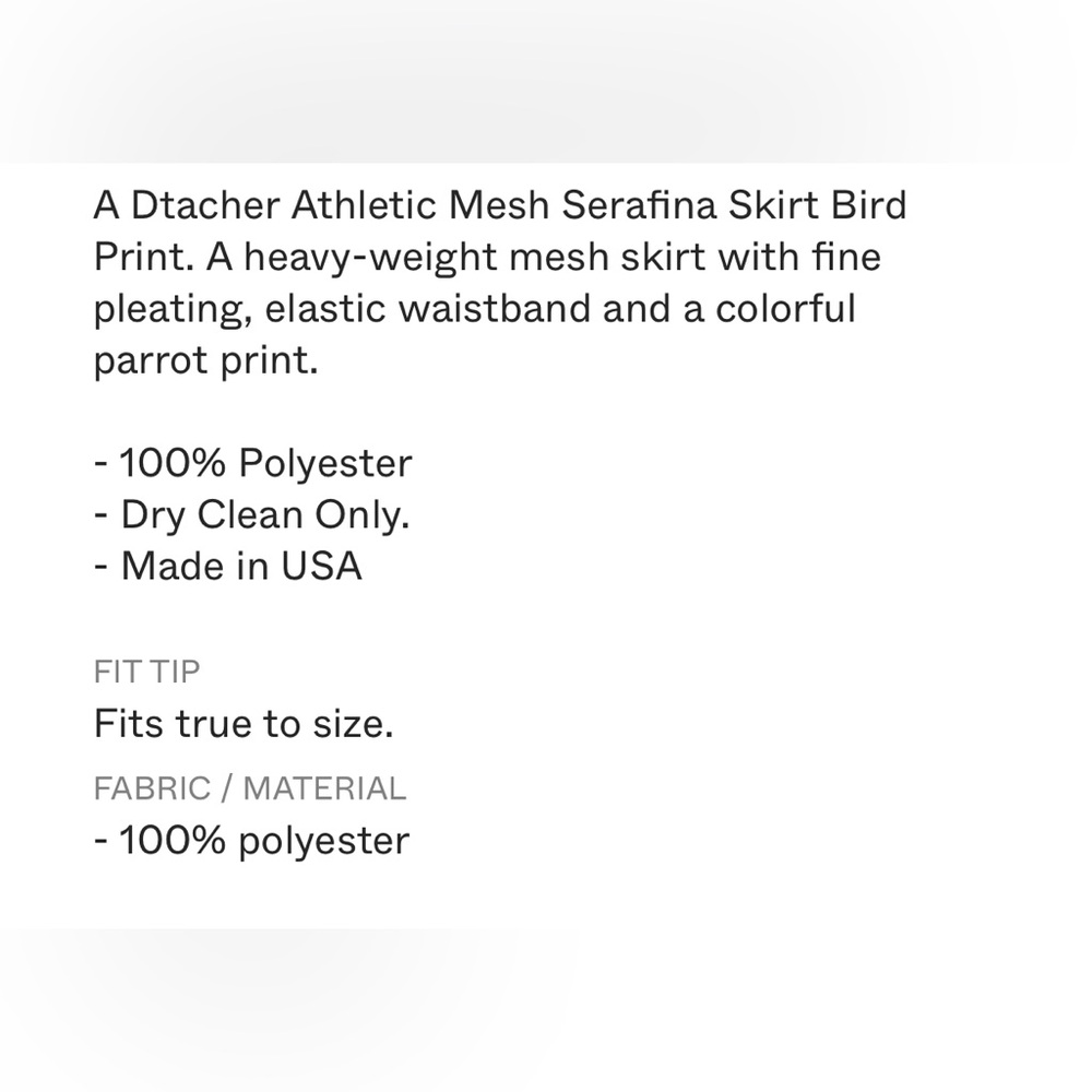 A D’ETACHER To Be Detached Athletic Mesh Serifina Skirt Bird Print size US 10 - Picture 11 of 11